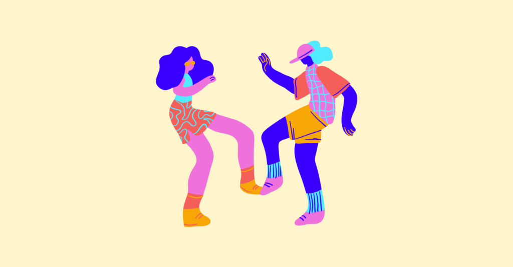 illustrated couple with colorful clothes dancing on yellow background for dancing gift guide article