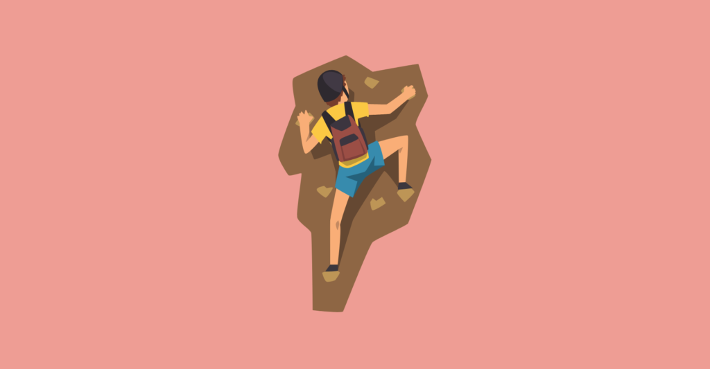 illustrated man climbing mountain on red background for rockclimbing gift guide article