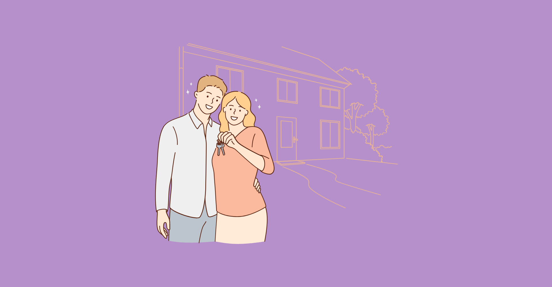 illustrated couple standing in front of new home on purple background for mens housewarming gift article