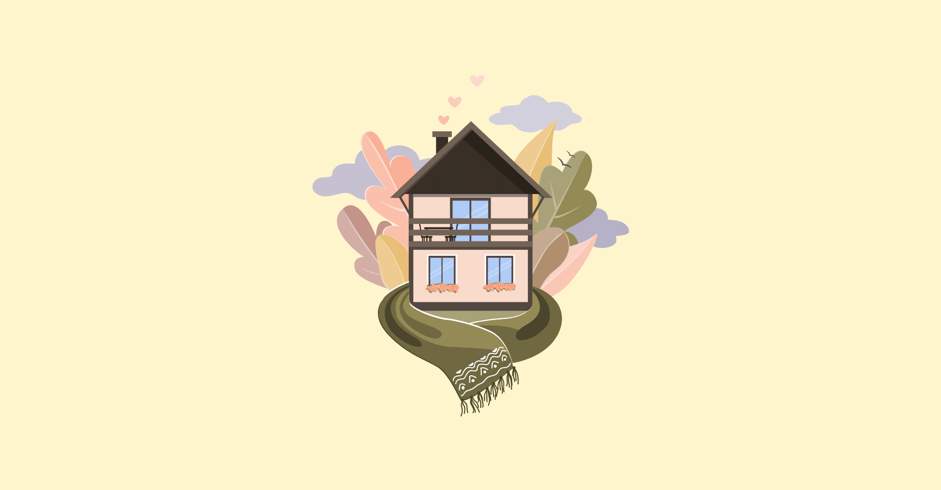 illustrated home with flowers and clouds floating on yellow background for best housewarming gifts list