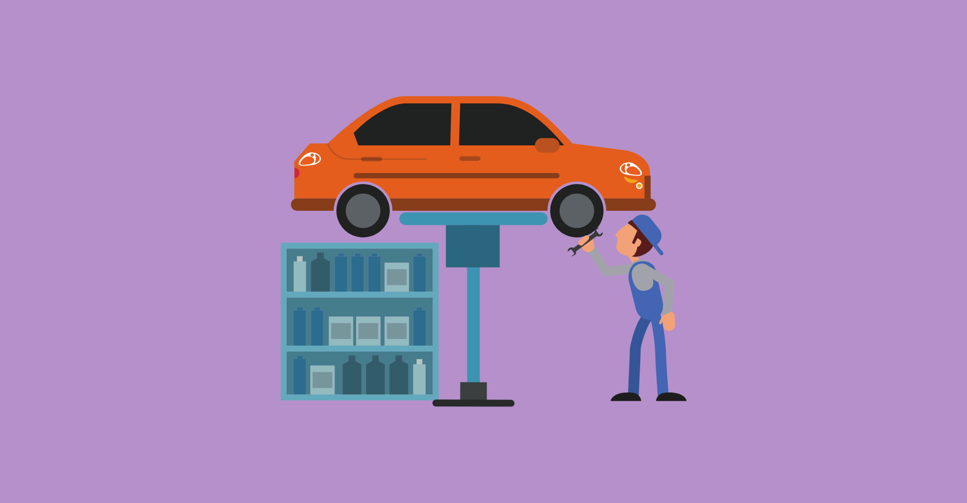 illustrated mechanic working on orange car with tools on purple background for mechanic gift guide article