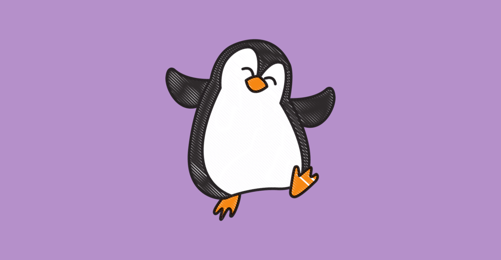 illustrated penguin dancing on purple background for penguin gift guide