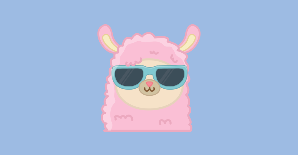 illustrated pink llama with sunglasses on blue background for llama gift guide