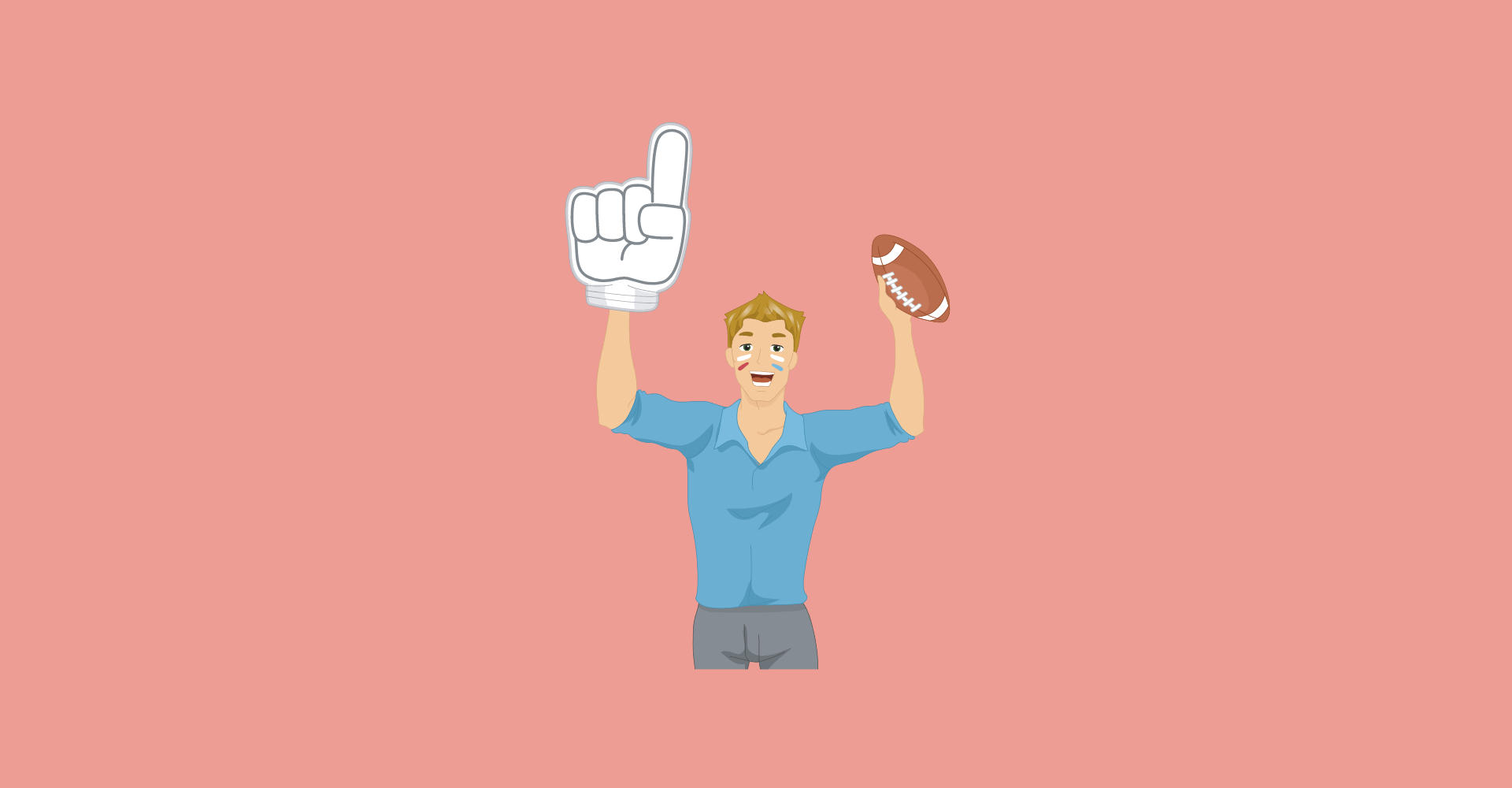 illustrated sports fan holding foam finger and football on red background for sports fan gift article