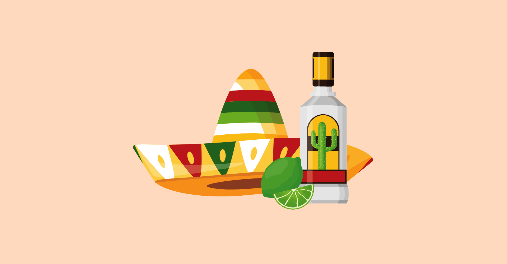 illustrated tequila bottle and sombrero on tan background for tequila gift set article