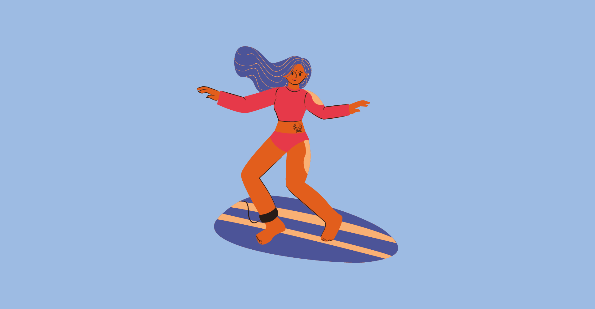 illustrated woman surfing on blue background for surfer gift guide